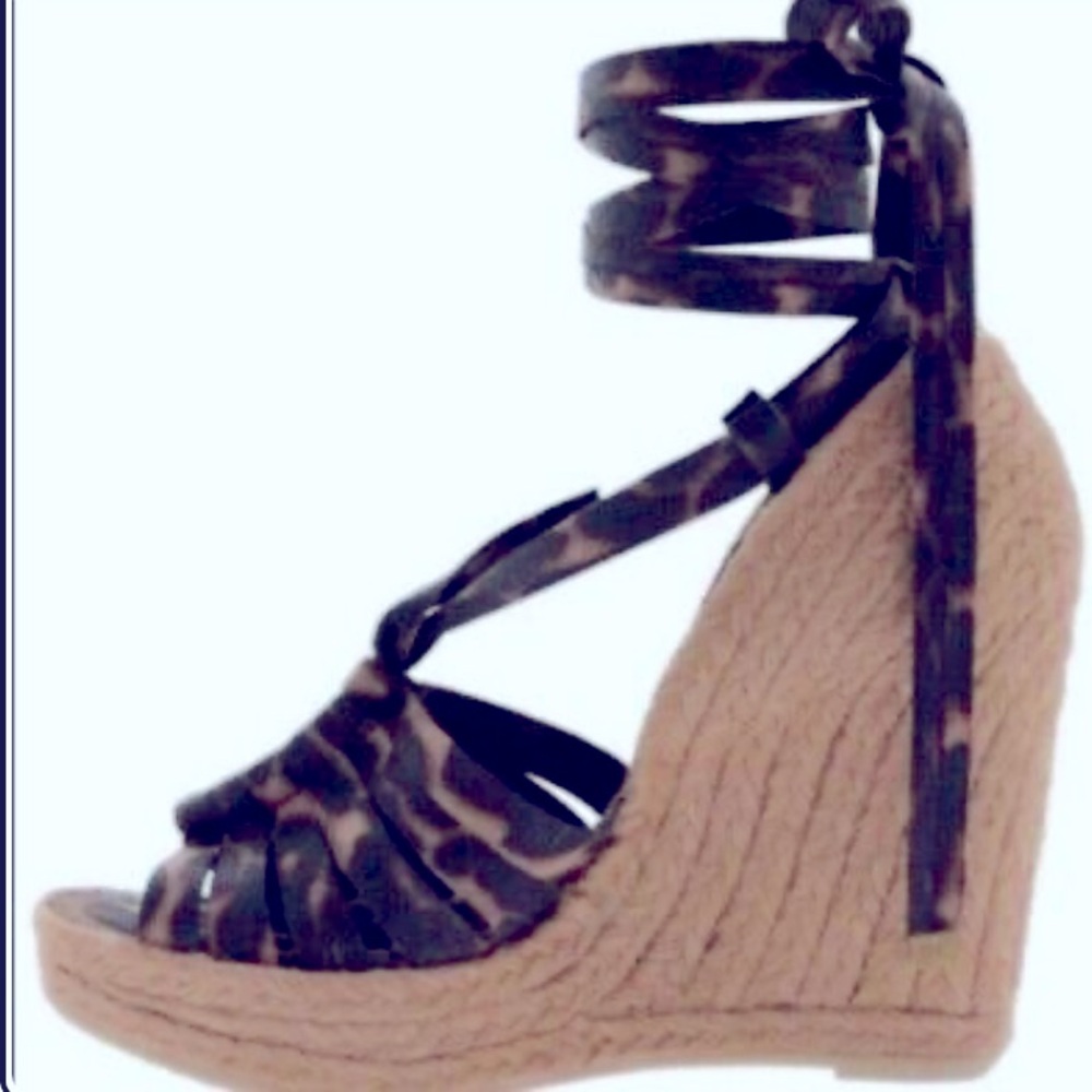EUC SAM EDELMAN “Lexi” Cheetah Wedge Espadrille Lace-Up Sandals Heels Sz 7 1/2 M